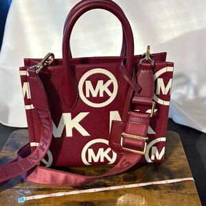 Michael Kors Burgundy Satchel with Logo Print
